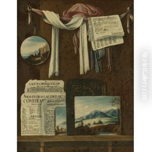 Trompe L'oeil Still Life With Newspapers, Sheet Music, Oil Paintings And Other Objects Resting On A Wood Shelf by Bernardo German Llorente