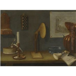 A Still Life With A Candlestick, A Box Of Sweets With A Spoon, Scissors, A Mirror, A Glass Bowl, A Shaving Brush, The Sheets Of A Play And A Jug On A Wooden Table, A Trompe L'oeil Drawing Hanging On The Wall Together With A Box
