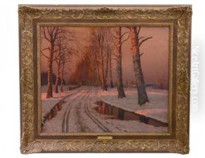 Winter Sunset Landscape by Mikhail Markianovich Germanshev