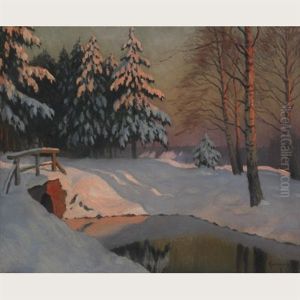 Winter Stream, Sunset by Mikhail Markianovich Germanshev