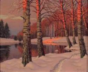 Paysage De Neige Au Soleil Couchant by Mikhail Markianovich Germanshev