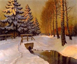 A Winter Landscape With A Stream And A Bridge At Sunrise by Mikhail Markianovich Germanshev
