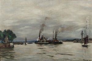 Bateau A Vapeur Dans Le Port De Honfleur by Paul Elie Gernez