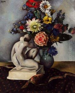 Nature Morte Au Bouquet De Fleurs Et A La Statuette by Paul Elie Gernez