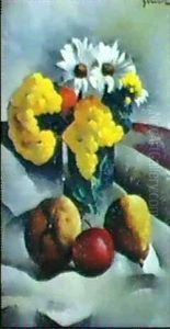 Vase De Fleurs Et Nature Morte Aux Fruits by Paul Elie Gernez