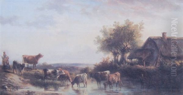 Vaches Pres D'un Mare Et D'un Chaumiere - view 1