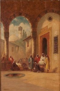 Gathering Of Arab Men With A Mosque In The Background by Jean-Leon Gerome