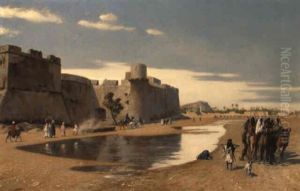 An Arab Caravan Outside A Fortified Town by Jean-Leon Gerome