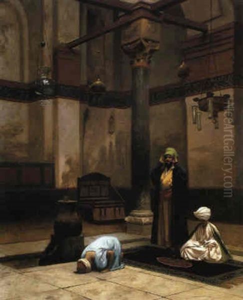 Trois Personnages Priant Dans Un Coin De Mosquee - view 1