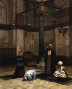 Trois Personnages Priant Dans Un Coin De Mosquee by Jean-Leon Gerome