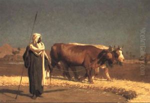 Bedouin With Two Oxen Threshing Corn
