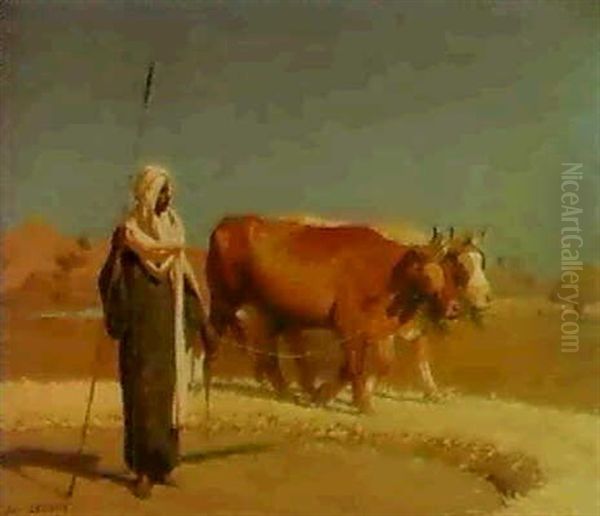 A Bedouin With Two Oxen Threshing Corn - view 1