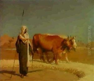 A Bedouin With Two Oxen Threshing Corn
