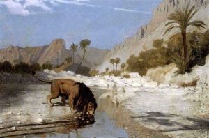 A Lion Drinking From A Desert Stream by Jean-Leon Gerome