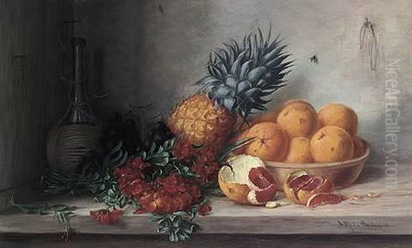 Fruchtestilleben Mit Orangen,
Ananas,
Flox Und Chianti-flasche; Meisterlich Geschildert - view 1