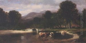 Cattle Watering In A Mountain Landscape by Samuel Lancaster Gerry