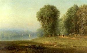 Couple Strolling On A Wooded Path Beside A Lake by Samuel Lancaster Gerry