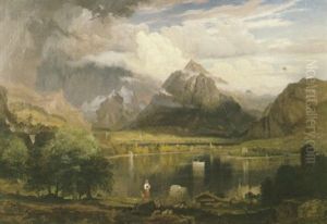 A Majestic Alpine Landscape With Goatherds And Their Flock Resting On A Rock In The Foreground And A Dinghy On A Lake Beyond by Samuel Lancaster Gerry
