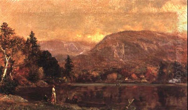 A Lake In Autumn With Figures On The Shore - view 1