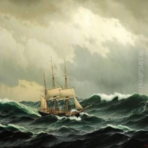 Seascape With A Bark On Open Sea by Carl Emil Baagoe
