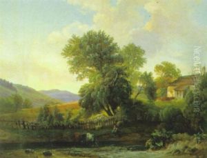 Idyllische Landschaft Mit Kuhen Und Figurlicher Staffage by Joseph Gerstmeyer