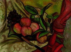 Still Life With Peahces And Grapes On A Chair by Mark Gertler