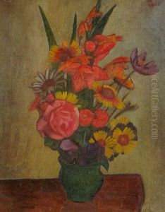 Daisies, Gladioli, Poppies And Red Rose In A Vase Daisies, Gladioli, Poppies And Red Rose In A Vase