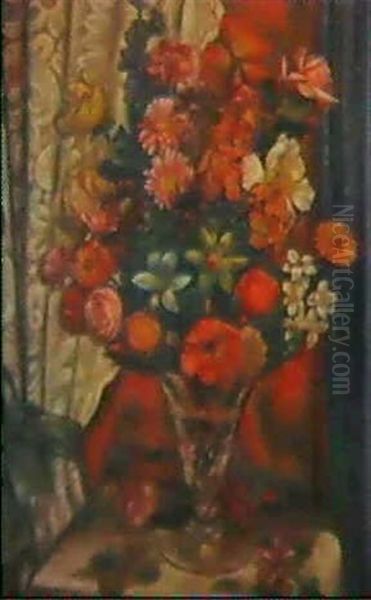 Roses, Daffodils, Zinnias And Poppies In A Glass Vase - view 1
