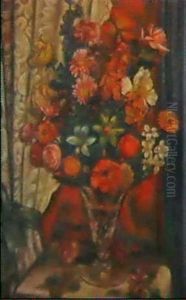 Roses, Daffodils, Zinnias And Poppies In A Glass Vase by Mark Gertler