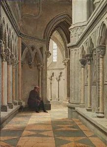 Kirkeinterior Fra Trondhjem Domkirke Med Skuespilleren C. N. Rosenkilde Siddende Mellem Sojlerne by Vilhelm (Johan V.) Gertner
