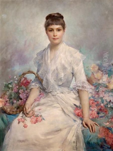 Portrait De Jeune Femme Au Panier De Roses - view 1