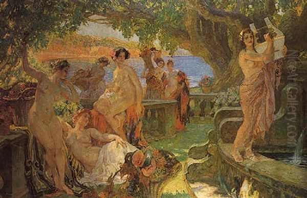 Nymphs Eating Fruits And Making Music On A Balcony In An Arcadian Landscape - view 1
