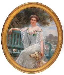 Portrait Of An Elegant Lady With Dog by Henri Gervex