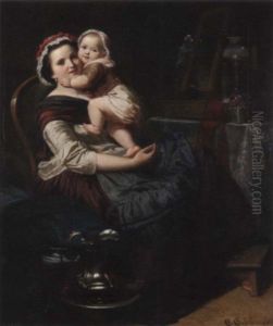Eine Sitzende Mutter Halt Ihr Kind Auf Dem Arm, Das Sich Liebevoll An Deren Wange Anschmiegt by Eduard Geselschap
