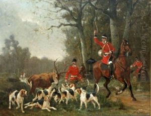 Stag Hunt, With Stag Surrounded At The Edge Of A Wood by Jean Victor Albert De Gesne