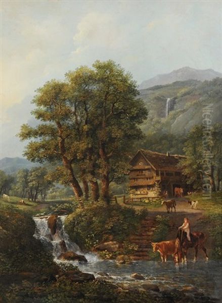 Sommerliche Landschaft Mit Bauernhaus An Einem Bach - view 1