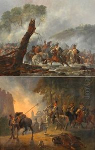 Reiterpatrouille Vor Einem Brennenden Dorf (+ Reiter Vor Dem Feind Einen Fluss Passierend; Pair) by Johann Conrad Gessner