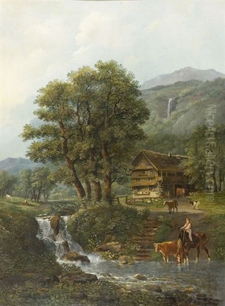 Sommerliche Landschaft Mit Gehoft An Einem Bach - view 1