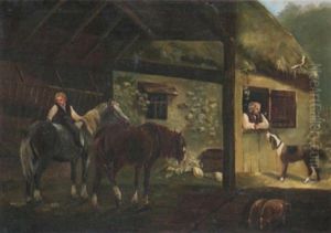 Bauernhof Mit Zwei Pferden by Johann Conrad Gessner