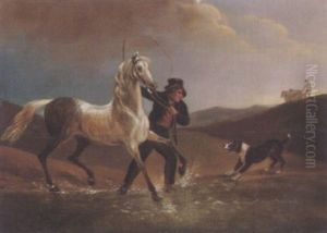 Ein Mann Halt Einen Sich Aufbaumenden Schimmel Am Ufer Eines Sees Bei Gewitterstimmung by Johann Conrad Gessner