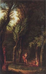 Waldinneres Mit Panherme, Satyr Und Drei Manaden by Salomon Gessner