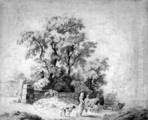 Waldlandschaft Mit Wassertragerin Und Hirtenknaben, Weiter Rechts Ein Ochsenwagen