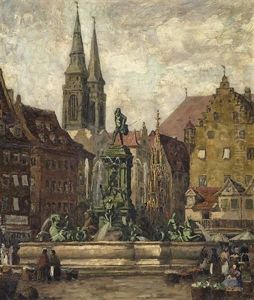Der Marktplatz In Nurnberg. Blick Auf Den Hans Sachs Brunnen by Fritz Geyer