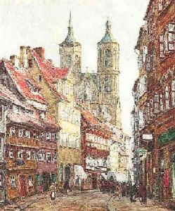 Blick Durch Die Altstadtstrasen Auf Die Turme Von St. Johannis In Gottingen Blick Durch Die Altstadtstrasen Auf Die Turme Von St. Johannis In Gottingen