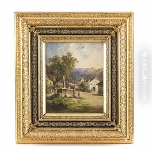 2 Bilder : A) "kirchgang In Einem Alpenlandischen Dorf" B) "am Dorfbrunnen" by Georg Geyer