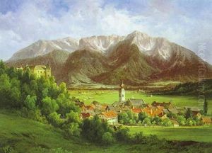 Landschaft Mit Dorfmotiv Sowie Blick Auf Eine Burg