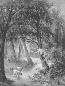 Kuhe Mit Hirte Am Waldbach by Georg Geyer