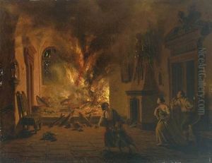 Blick In Einen Brennenden Schlossaal, Im Vordergrund Vor Dem Feuer Fliehende Bewohner by Johann Geyer
