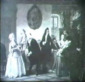 Junges Paar Mit Wickelkind In Der Stube Vor Einem Kachelofen, ... Junges Paar Mit Wickelkind In Der Stube Vor Einem Kachelofen, ...