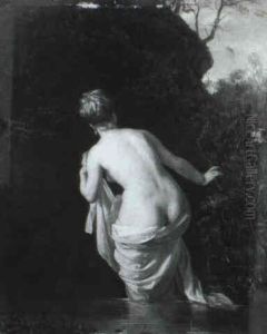 Junge Frau In Ruckansicht Aus Einem See Steigend by Rudolf Geyling